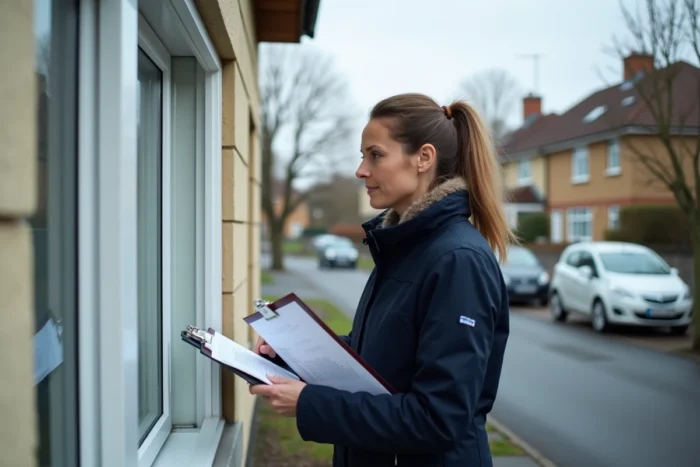Femme professionnelle contrôlant une fenêtre double vitrage depuis l'extérieur d'une maison individuelle avec un document technique