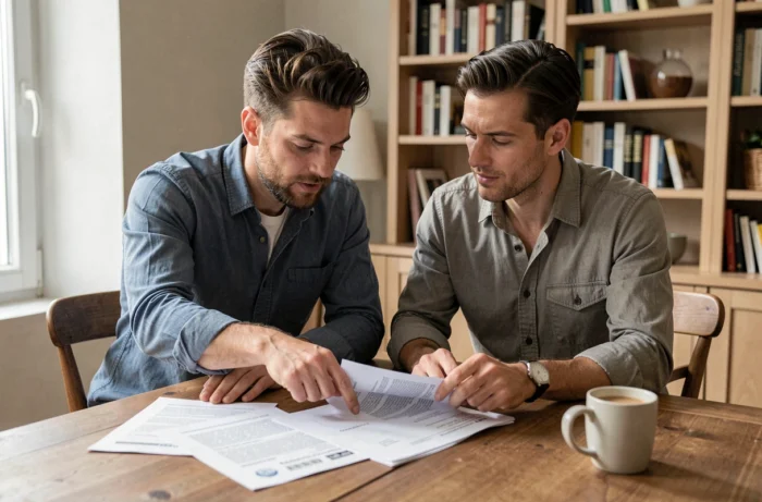 Couple consultant des documents de crédit immobilier à une table en bois dans un appartement moderne