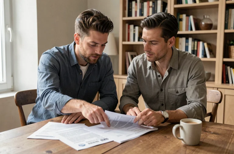 Couple consultant des documents de crédit immobilier à une table en bois dans un appartement moderne