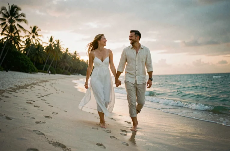 Couple de jeunes mariés marchant pieds nus sur une plage tropicale lors de leur voyage de noces
