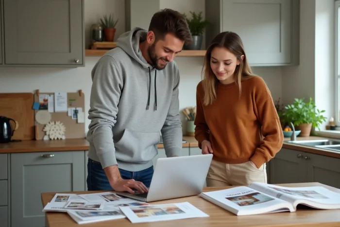 Couple planifiant l'amélioration de leur habitat avec catalogues, échantillons de matériaux et ressources en ligne sur un ordinateur portable