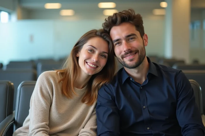 Couple inquiet assis dans une salle d'attente de clinique gynécologique attendant les résultats d'une échographie