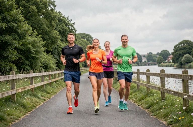 Groupe de coureurs adultes en tenue de sport courant sur un chemin au bord d'une rivière dans l'Essex en Angleterre
