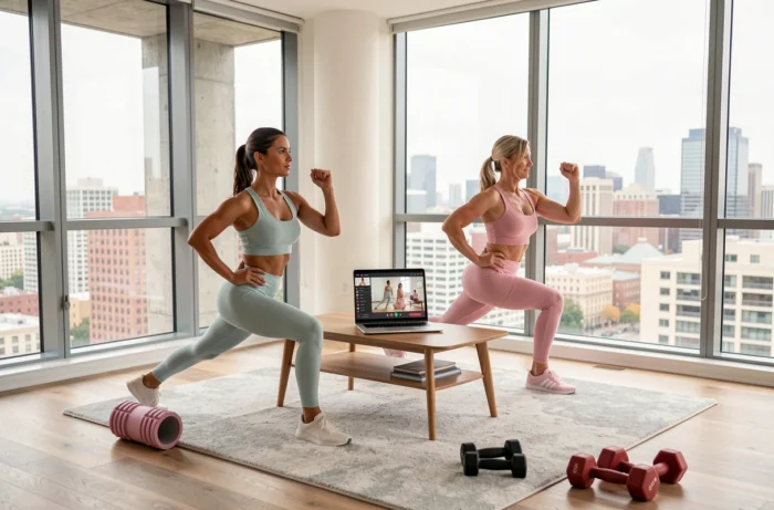 Deux femmes faisant un cours de fitness en ligne ensemble dans un appartement moderne avec vue sur la ville