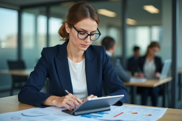 Courtière en assurance responsabilité civile professionnelle analysant des documents de calcul de prime dans un bureau moderne
