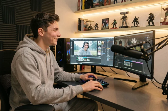 Jeune créateur de contenu YouTube français assis dans son studio d'enregistrement devant plusieurs écrans de montage vidéo