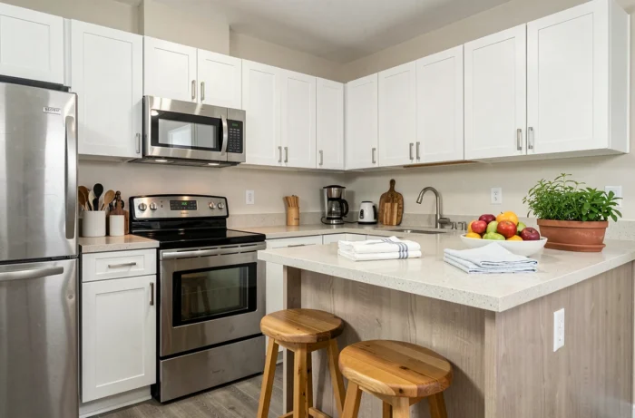 Cuisine moderne et bien rangée présentée pour une annonce de location sur une plateforme immobilière