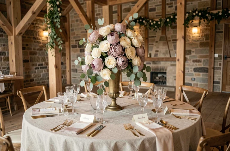 Centre de table de mariage élégant avec roses ivoire, pivoines mauves et eucalyptus dans un vase en laiton antique sur nappe en lin