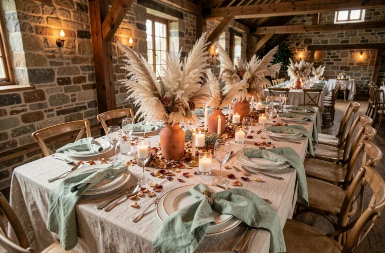 Table de mariage décorée avec des herbes de pampa séchées, vaisselle dorée et nappes en lin vert sauge, tendances déco 2022