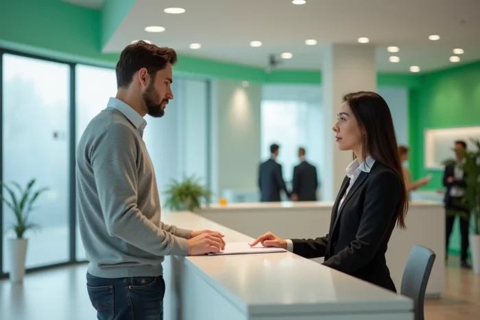 Client demandant son relevé d'information assurance auto auprès d'un conseiller en agence bancaire