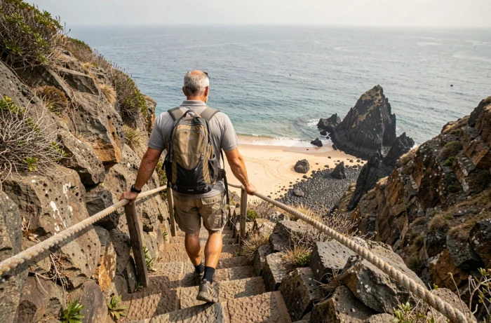 Randonneur descendant un escalier rocheux taillé dans la falaise pour accéder à la plage des Trois Pointes
