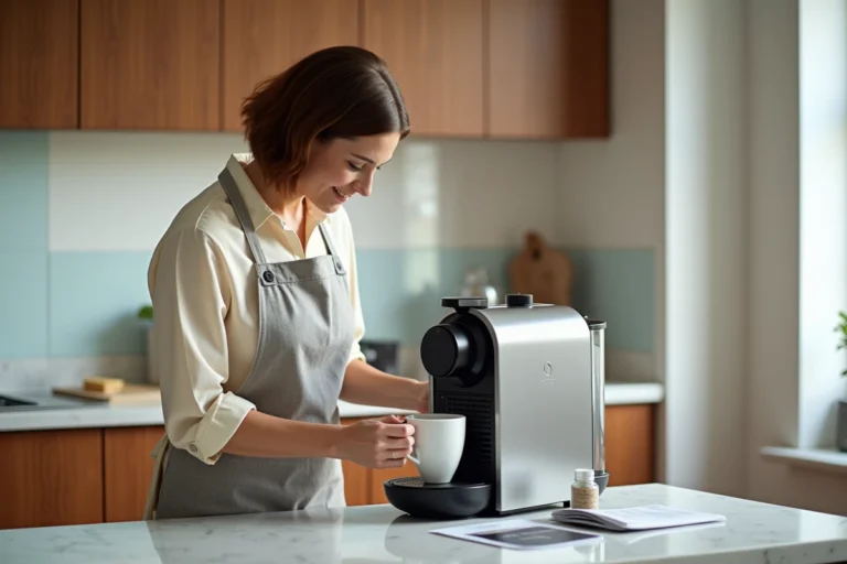 Femme effectuant le détartrage de sa machine à café Saeco Picobaristo Deluxe dans une cuisine moderne