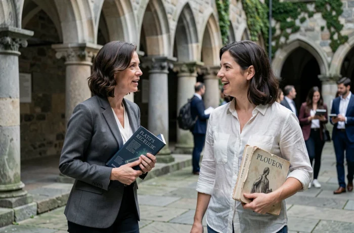 Deux femmes intellectuelles discutant de science et de philosophie dans la cour historique d'une université européenne, symbolisant le dialogue entre disciplines