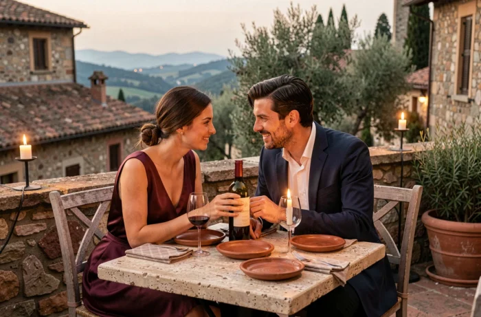 Couple en voyage de noces dînant en terrasse dans un village historique italien au crépuscule