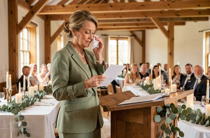 Mère du marié prononçant un discours émouvant lors de la réception de mariage dans une salle rustique