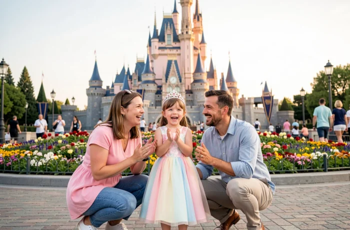 Jeune fille émerveillée devant le château de Disneyland Paris avec ses parents