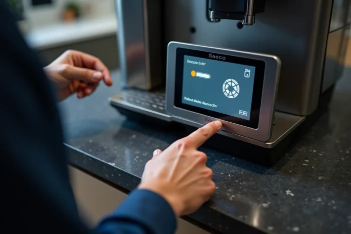Gros plan sur l'écran de la machine Saeco Picobaristo affichant une alerte de détartrage