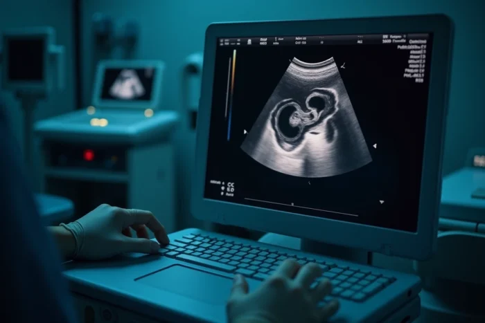 Écran d'échographie montrant un sac gestationnel sans embryon visible lors d'une grossesse précoce à 5 semaines d'aménorrhée