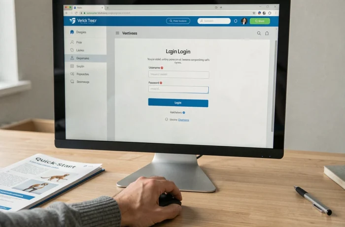 Écran d'ordinateur affichant l'interface de connexion du logiciel vétérinaire GM Vet 1 avec formulaire identifiant et mot de passe