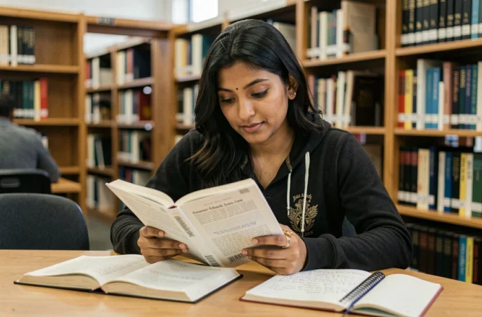 Une jeune femme étudiant un manuel de santé dans une bibliothèque universitaire, symbolisant l'éducation à la santé et la littératie