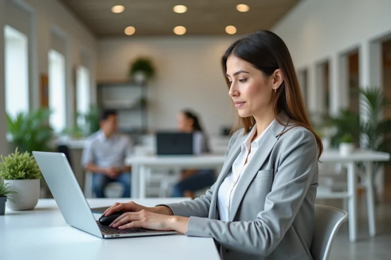 Employée municipale utilisant le portail en ligne IntraParis sur son ordinateur portable dans un bureau moderne