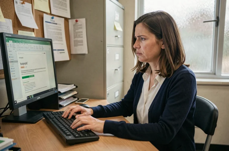 Enseignante résolvant un bug de webmail sur un ordinateur de bureau dans un bureau administratif scolaire