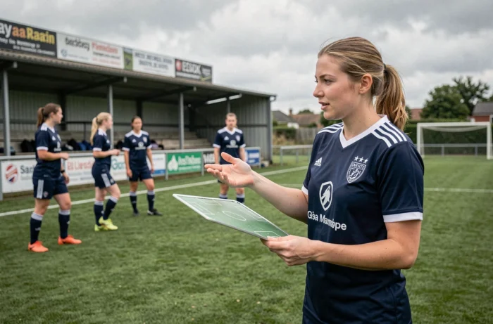 Entraîneuse de football en tenue sportive donnant des consignes tactiques à son équipe sur un terrain de sport en Essex