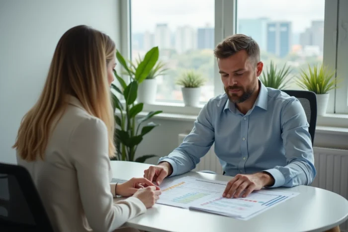 Entrepreneur discutant du calcul de son assurance responsabilité civile professionnelle avec un conseiller