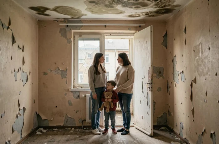 Une famille dans un appartement dégradé avec murs abîmés et humidité, illustrant la qualité du logement et l'environnement physique