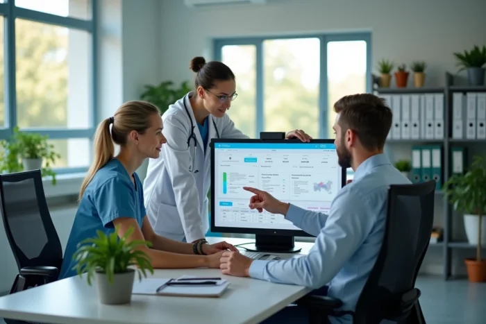 Équipe soignante collaborant sur l'intégration des logiciels Netsoins et Netmobilité dans un bureau de coordination d'un établissement médicalisé