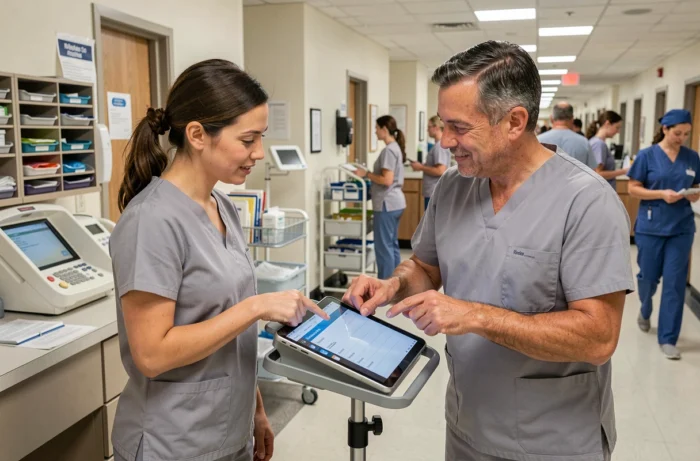 Deux soignants discutant de l'optimisation des soins via l'application Netsoins sur tablette au poste infirmier
