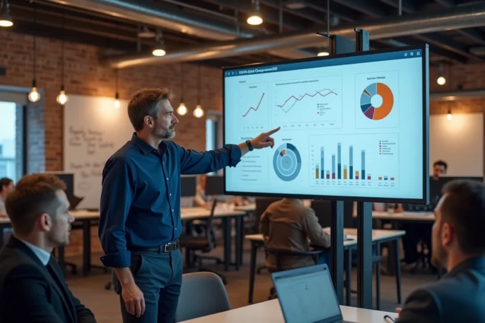 Équipe de professionnels en agence numérique discutant d'une stratégie SEO devant un écran de données