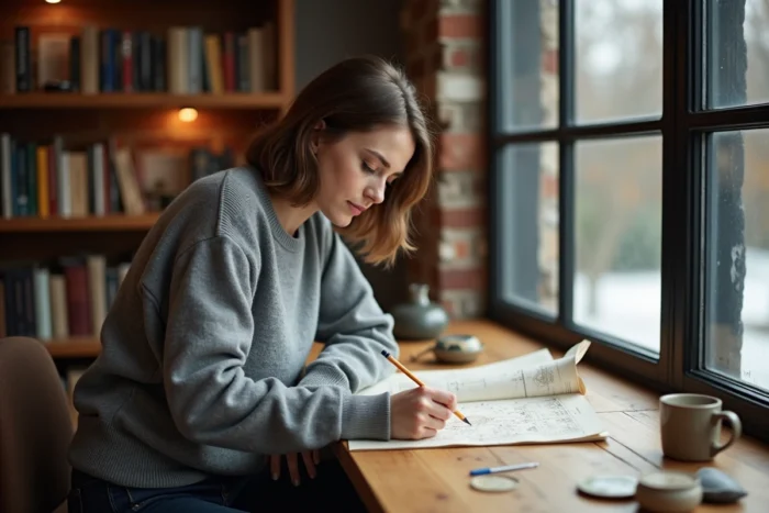 Femme étudiant une carte du ciel et un atlas des étoiles à son bureau pour préparer ses sessions d'observation astronomique