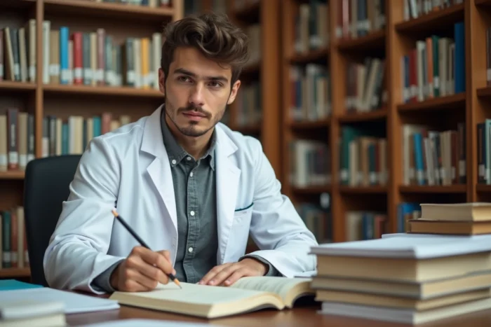 Étudiant en médecine révisant ses cours d'anatomie dans une bibliothèque universitaire, représentant les études longues pour devenir médecin