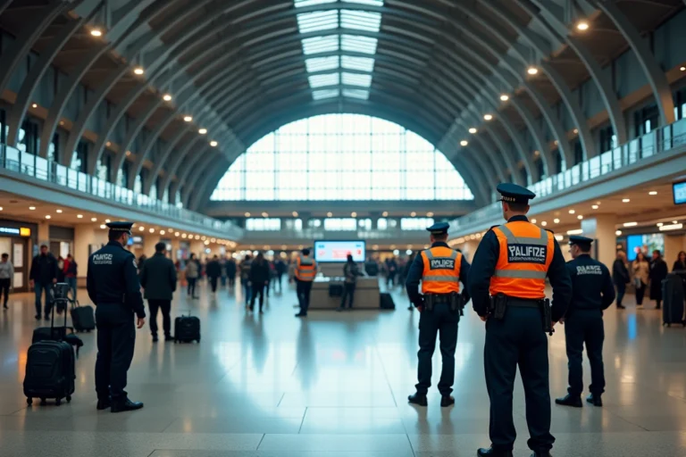 Hall de gare évacué avec policiers en uniforme lors d'une alerte à la bombe à Cannes
