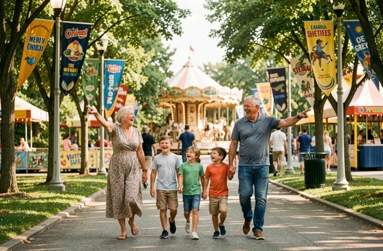 Famille multigénérationnelle se promenant dans un parc d'attractions familial coloré