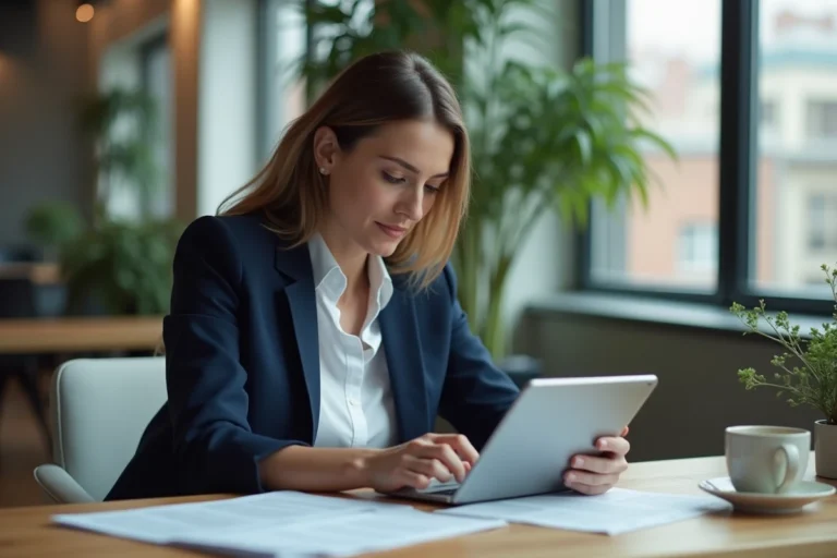 Femme professionnelle consultant les actualités du jour sur une tablette dans un bureau moderne