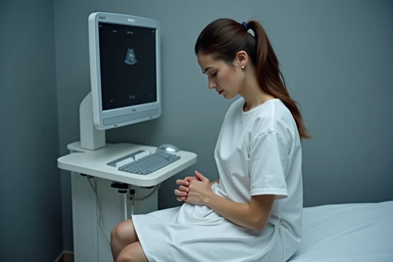 Femme anxieuse assise sur une table d'examen lors d'une échographie précoce en salle médicale