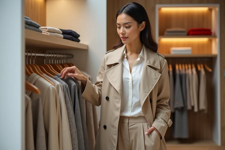 Femme élégante explorant une boutique de mode contemporaine avec des vêtements tendance exposés sur des portants en bois