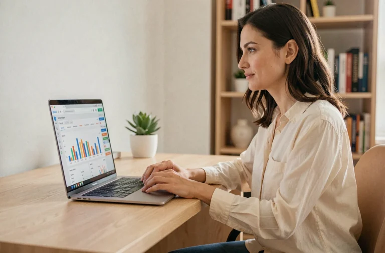 Femme entrepreneur analysant des statistiques de vente sur un tableau de bord e-commerce depuis son bureau à domicile
