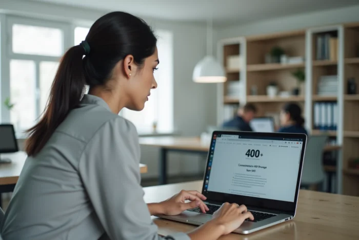 Femme devant un ordinateur portable affichant une erreur 400 lors de la connexion à e-habillement