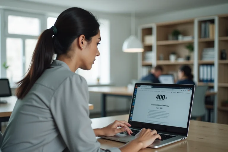 Femme devant un ordinateur portable affichant une erreur 400 lors de la connexion à e-habillement