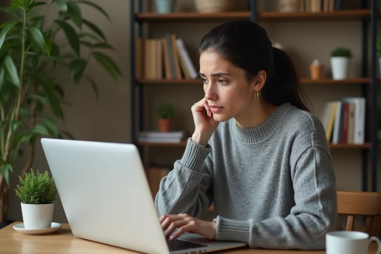 Femme perplexe devant un message d'erreur 404 sur son ordinateur portable, illustrant les changements d'adresse fréquents d'un site web