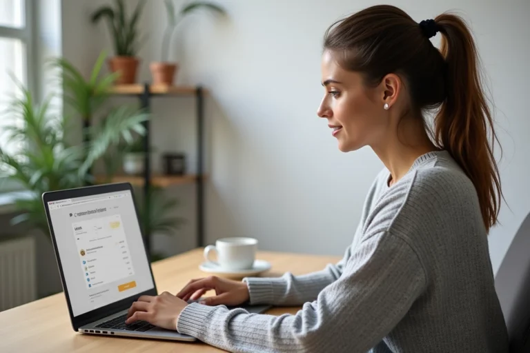 Femme consultant son espace client Carrefour en ligne pour télécharger une facture depuis son ordinateur portable à domicile