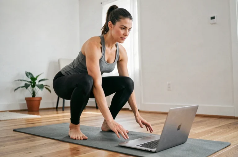 Femme pratiquant une séance de fitness en ligne sur tapis de yoga dans son salon moderne