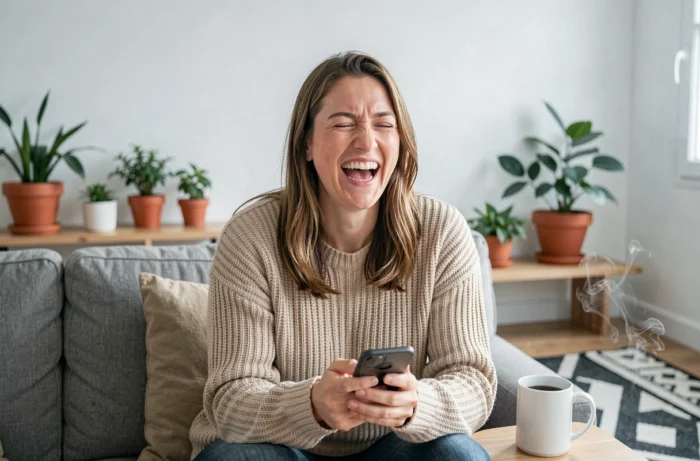 Femme française hilare sur son canapé consultant une application d'humour sur smartphone dans un salon minimaliste moderne