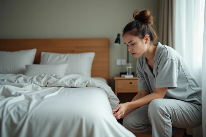 Femme inspectant attentivement le côté d'un matelas à la recherche de petites bêtes noires