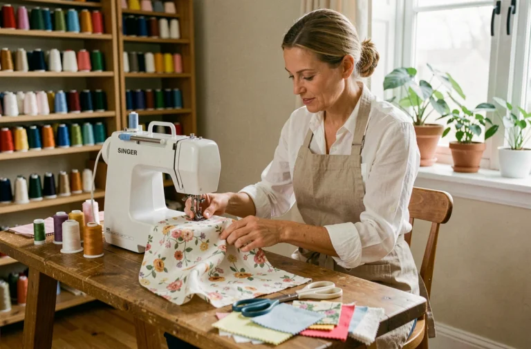 Femme utilisant une machine à coudre Singer Decorative pour coudre un tissu fleuri dans un atelier de couture maison chaleureux
