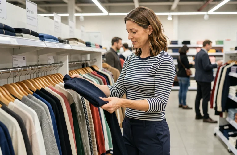 Femme portant une marinière Armor Lux rayée marine et blanc dans le rayon textile d'un supermarché Intermarché, collection 2026