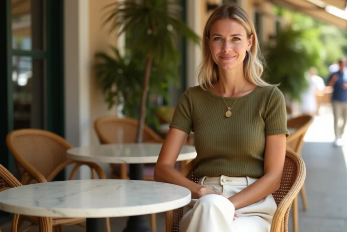 Femme assise en terrasse de café portant un pantalon lin large sans ceinture avec un top olive rentré tendance quotidien